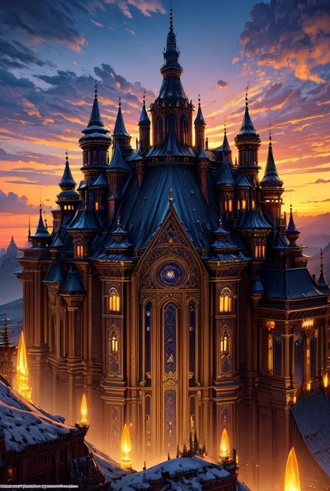 detailed fantasy kingdom, 5 majestic palaces, ornate architecture, sweeping vistas, dramatic skies, glowing lights, intricate de...