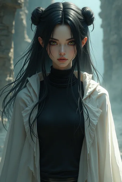 Woman with black hair with white streaks, blue right eye, brown left eye, wearing black turtle neck, white cloak, final fantasy, pigtails