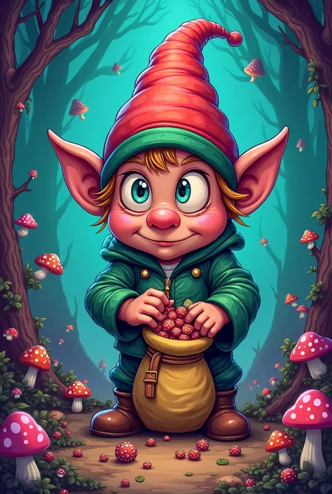 colorful character gnome thief with a bag of mushrooms hypnotize in the eyes style game vintage psychedelic cartoon crash