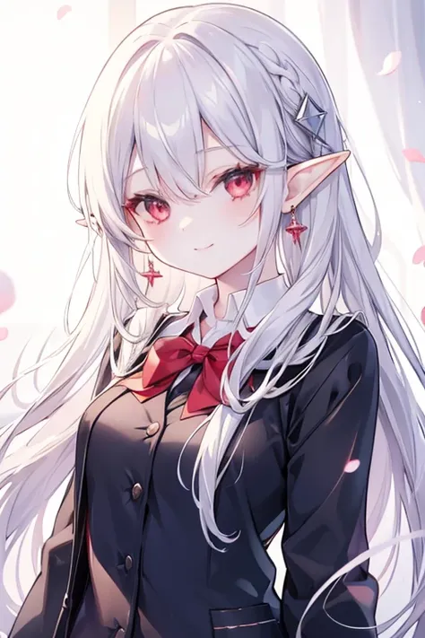 Silver hair red eyes、 girl、, elf, small breasts、long hair、smile、gal girl、wearing cute earrings、uniform、knit cardigan、With highlights around the eyes、cute hairpin、I can see the whole body、School