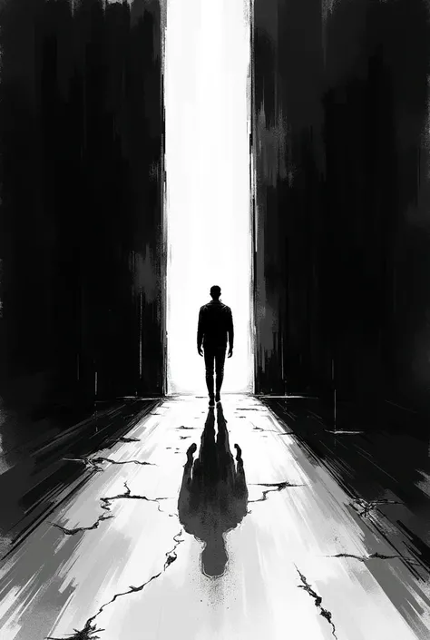 A person walking towards the light with depth in black and white made with pen type lines 