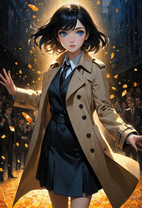 (best quality, masterpiece),(Backlight), (1 Girl, Trench coat,Expression face, blue eyes, Looking at the audience, Black Hair, Shut up, Dress Shirts, Black skirt, Reaching out to the audience), (Less blue light, There are a lot of orange glass fragments be...