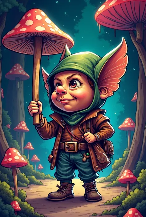 fantasy gnome character thief with a bag of mushrooms hypnotize in the eyes vintage game style psychedelic cartoon crash