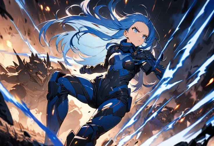 (serious style), (solo:2, 15 yo), (fighting pose), (best pose of kicking), (beautiful detailed forehead) (beautiful blue hair long hair) (small tits) (best cute girl) (angry blue eyes) (glossy lip), in a battle suit with double exposure lightning:1.5, brea...