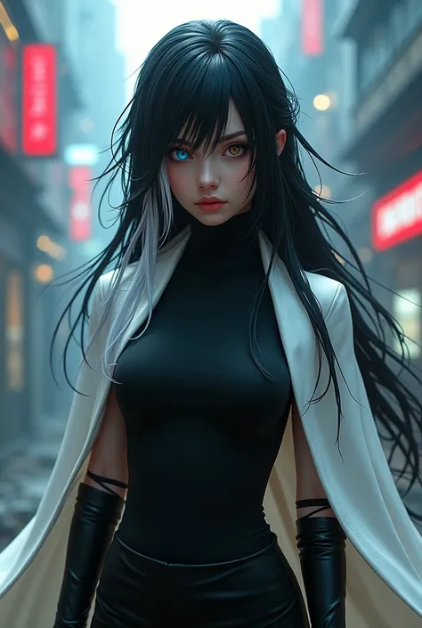 Woman with black hair with white streaks, blue right eye, brown left eye, wearing black turtle neck, white cloak, final fantasy, cyberpunk