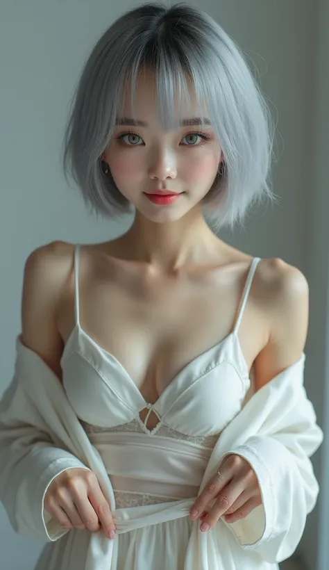 (8k, Photorealistic, RAW Photos, Highest quality: 1.4, detailed),A Japanese idol-like beautiful girl,model,1 person,1,(Short Bob),(Silver Hair),She has her hair tucked behind her ears,Large, clear gray eyes,Long eyelashes,(piercings(small)),(Lip gloss),lip...