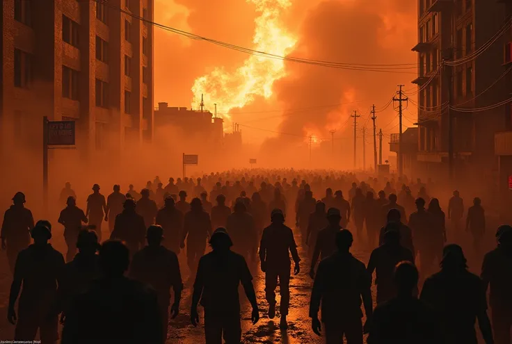 March of the dead, backlighting, cinematic lighting, hordes of the dead walking against a burning city, horror movie posters, the words “Lets go home”, dark imagery throughout, ((masterpiece, Highest quality, Best image quality, High resolution, Realistic,...