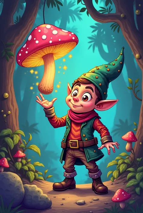  fantasy gnome thief with a bag of mushrooms hypnotize in the eyes style game vintage psychedelic cartoon crash