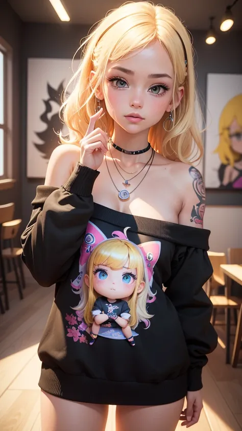 Create a cute and bright cartoon illustration of a girl,Has lots of tattoos, Blonde Hair, punk necklace, Soft black off-the-shoulder sweatshirt, skirt, Cool pose, Background: A fun room full of paintings. 3D Art, The finer details, Rich colors, Clay textur...