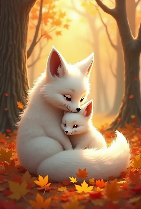 A mother and her baby white fox are huddled together in a forest of autumn leaves