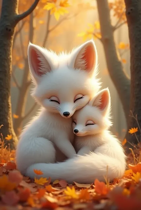 A mother and her baby white fox are huddled together in a forest of autumn leaves