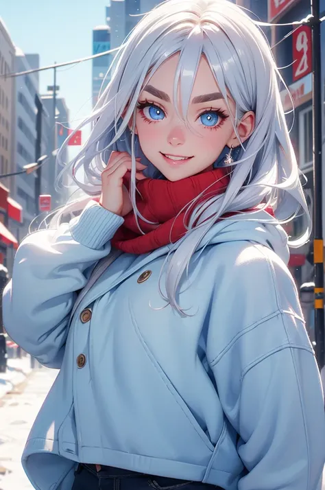 Silver Hair　Medium Hair　Light blue eyes　Light blue thick eyebrows　beautiful girl　snow　Red sweater　City　smile