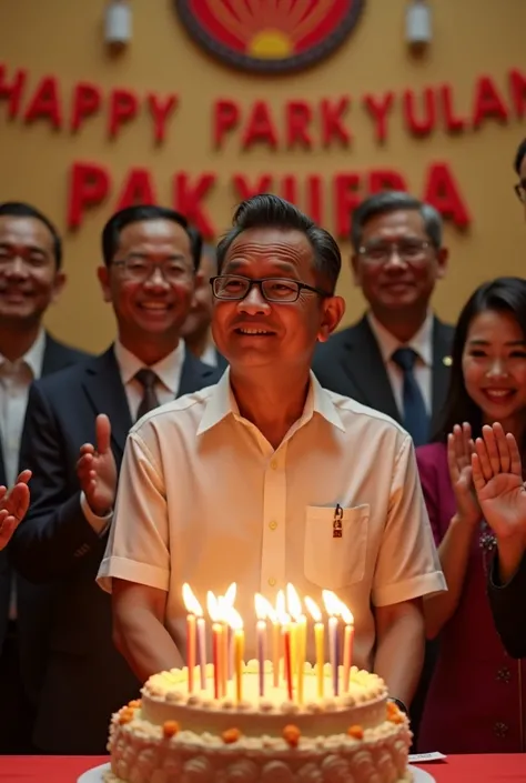 an Indonesian man is celebrating his birthday attended by the president of the republic of Indonesia.  The man still look young like 50 years old man. A little bit skinny, brown skin, regular Asian height.  There is a cake with candle number 60. There is a...