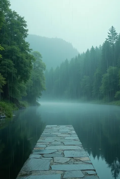 A forest in front with a lake, rainy and foggy, bright colors, poetic, with gray marble pier  