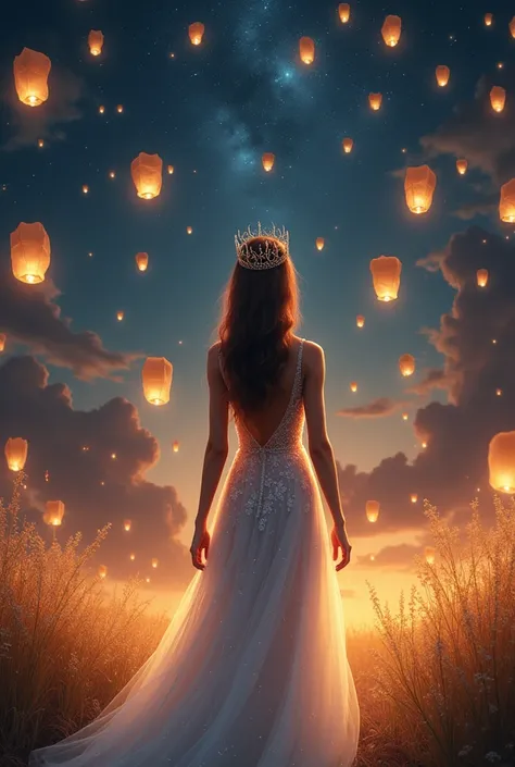 beautiful lady standing back side, a Very long white starry and flower dress wearing, a diamond Crown on her head, she is enjoying the star falling from the sky, lights everywhere, golden and black colour nature, so many sky lantern, night view, dramatic l...