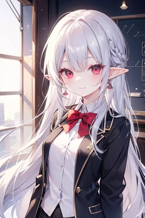 Silver hair red eyes、 girl、, elf, small breasts、long hair、smile、gal girl、wearing cute earrings、uniform、knit cardigan、With highlights around the eyes、cute hairpin、I can see the whole body、School