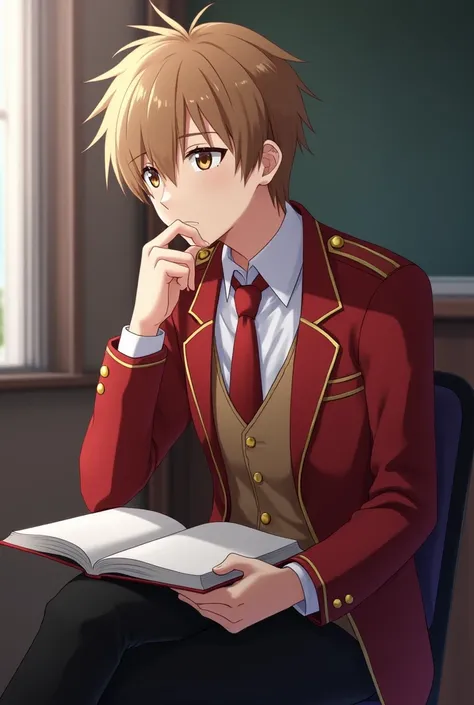 Ayanokoji Kiyotaka de Classroom of The Elite, a young man with light brown hair and honey brown eyes, vestindo o uniforme escolar da Tokyo Metropolitan Advanced Nurturing High School: a white shirt with a red tie, red blazer with gold details and black pan...