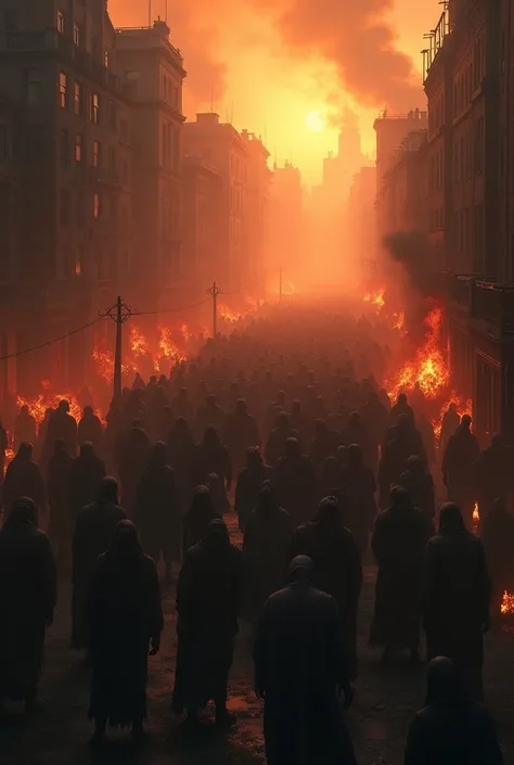 March of the dead, backlighting, cinematic lighting, hordes of the dead walking against a burning city, horror movie posters, the words “Lets go home” written on them, dark imagery throughout, ((masterpiece, Highest quality, Best image quality, High resolu...