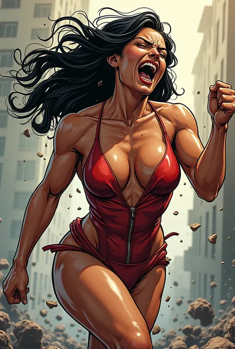 (sweaty)(muscular)A comic panel of a very sweaty Super Girl getting punched in the gut. Shes vomiting and coughing heavily, she spits out lot of visible saliva, water, sweat repeatedly. Lot and Lot of water, saliva, sweat continously dropping from her mout...