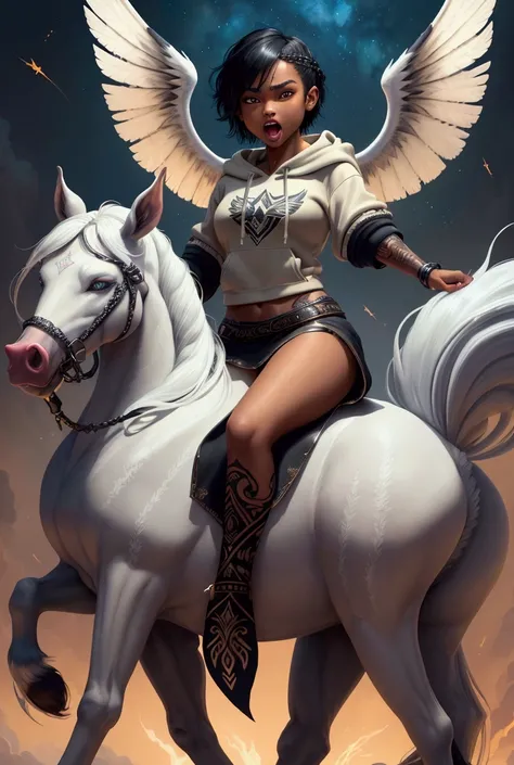 A young  centaur girl with native American features, riding a full body animal, lovely charming face, having  white Sapphire skin tone pigmenting texture , ( full body perfect detailed masterpiece), ( dark skin tone texture masterpiece ), ( tomboyish hairs...