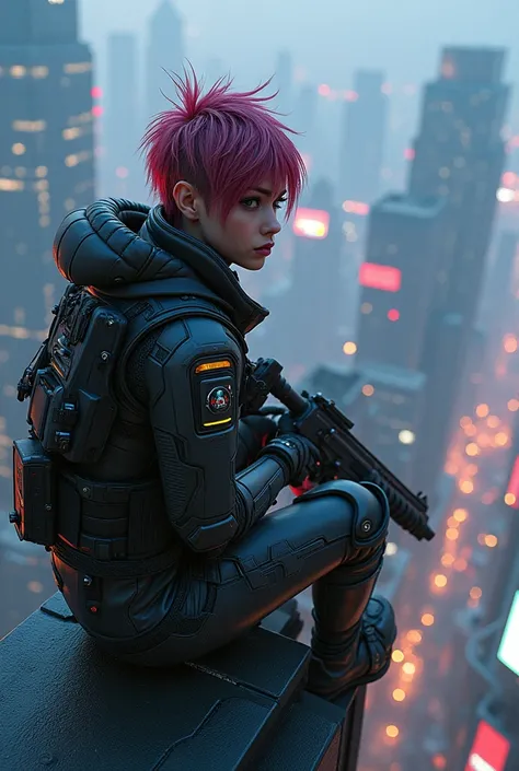 "Rooftop Rebel": Design a cyberpunk girl perched on a high rooftop, overlooking a sprawling cityscape. She wears a mix of high-tech armor and casual streetwear with neon details. Her hair is styled in a wild, glowing undercut, and she’s holding a futuristi...