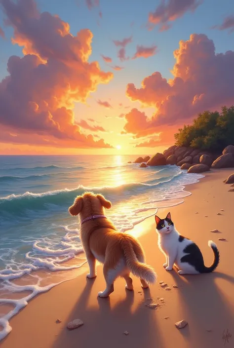 
Painting of a calm sea and a sunset with a dog playing in the sand with a cat