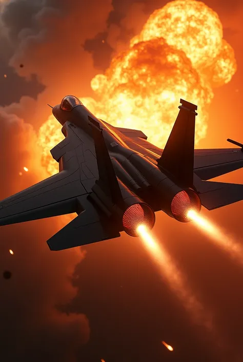 Fighter jet back view fire
