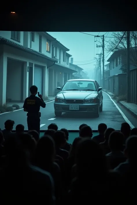 A gruesome film showing the exact moment a car crashes a test dummy in a residential area of Japan is being shown in a darkened cinema.、Movie screen and large screening hall、A Japanese police officer is standing on the stage holding a microphone.、