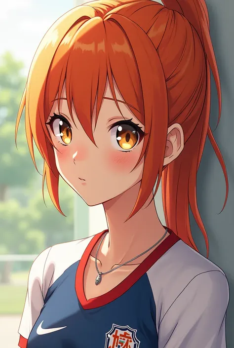 anime haikyuu, Female gender, White skin girl, orange hair, Karasuno uniform, attractive, 17 years, good body, gold eyes, freckles on the face, with a silver necklace