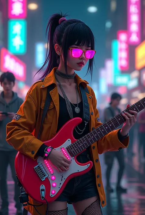 "Cyberpunk Street Musician": Create an image of a cyberpunk girl playing a neon-lit, futuristic instrument on a bustling street. Her attire is a mix of eclectic, neon-colored clothing with LED accents. The background features a lively street with diverse c...