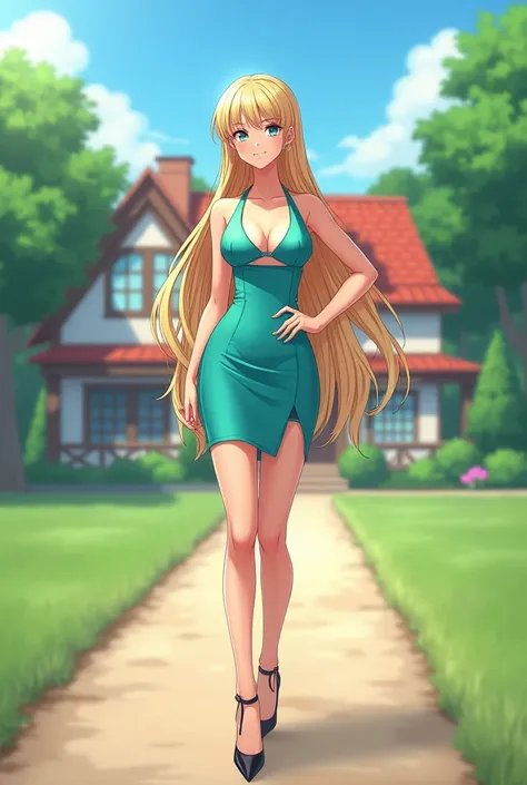 beautiful very fit anime woman, very long blonde hair, aquamarine cutout dress, black high heels, standing outside the house