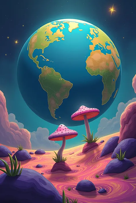 print illustration psychedelic planet earth with two small mushrooms walking on top seen from afar