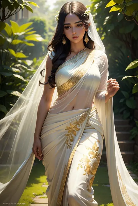 a gorgeous young woman in a flowing white saree dress, beautiful detailed eyes, beautiful detailed lips, extremely detailed face and skin, long flowing hair, elegant pose, standing in a lush green garden, golden light, intricate floral patterns, cinematic ...