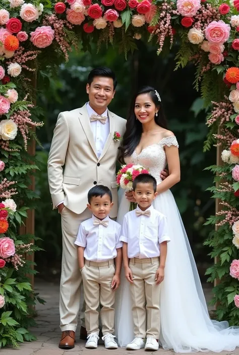 Real pinoy couple with two son 5 yearsold and  wearing wedding standing say cheese with arounding flowers 