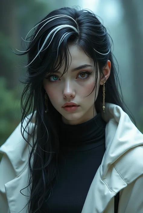 Woman with black hair with white streaks, blue right eye, brown left eye, wearing black turtle neck, white cloak, final fantasy, bangs