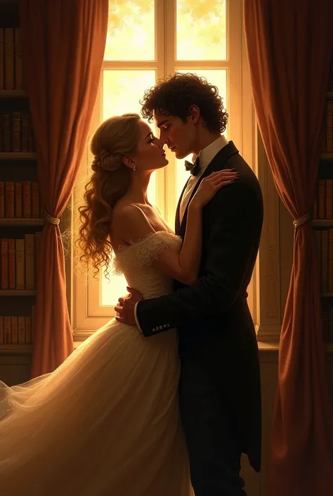 A Victorian-era couple in 1910s London kissing in a small, old library with the evening light streaming through the windows giving it an air of forbidden romance.. Blonde woman and tall, slender man with curly hair