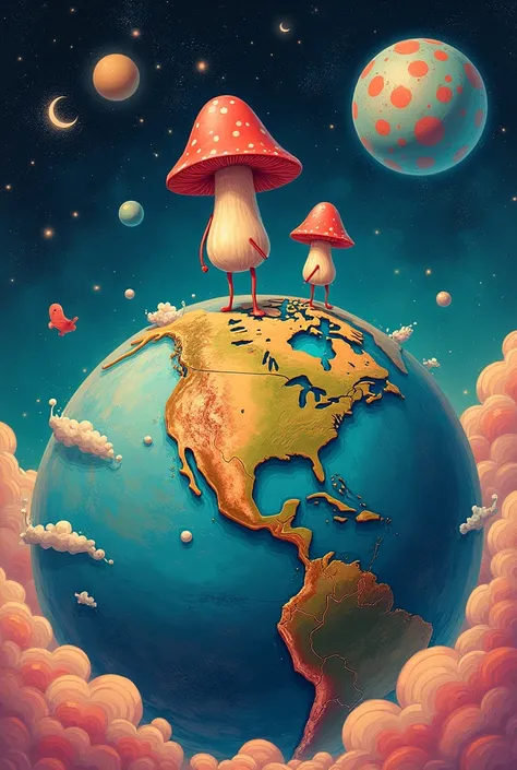 print illustration psychedelic planet earth with two small humanoid mushrooms walking on top of the planet seen from afar