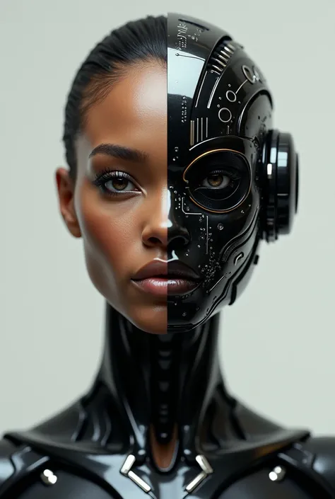 A brown woman with a black, half-robotic head 