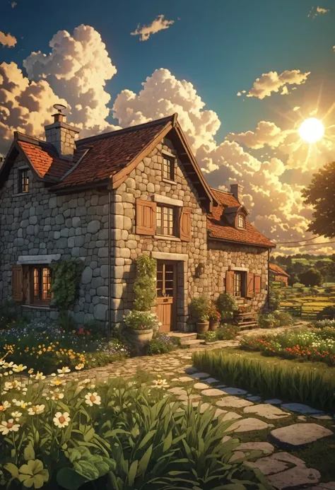 Tintin style a cottage field herbs stones lighting heavenly clouds detailed 8khdr!!!!