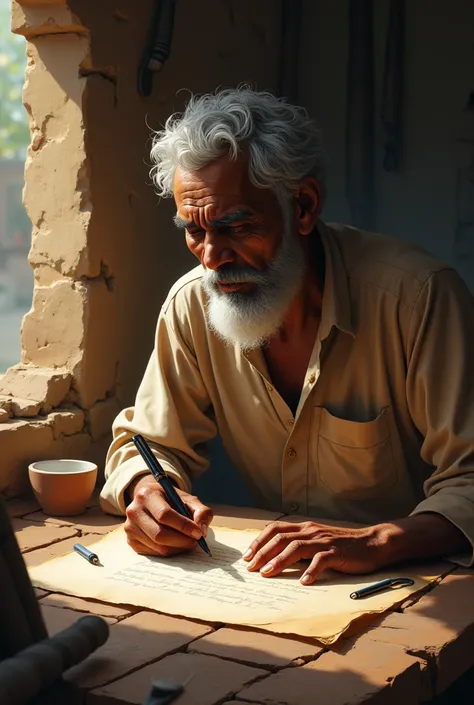 Rajoo writing a note for unity**: Rajoo writing a message for villagers to work together to repair the damage.