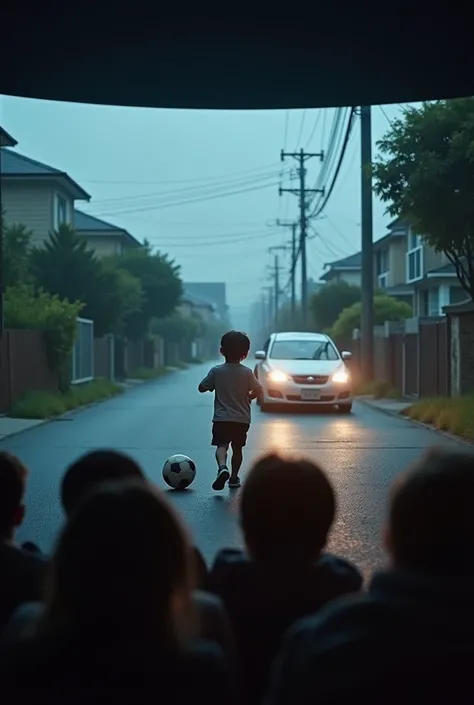 A movie showing the moment a child chasing a soccer ball in a residential area of Japan is nearly hit by a car is being shown in a darkened cinema.、(((Movie screen and large screening hall、A packed audience)))、A Japanese police officer is standing on the s...