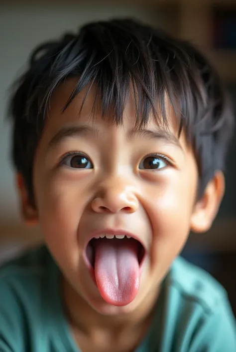 An extreme upclose of an asian boy POV sticking his tongue out