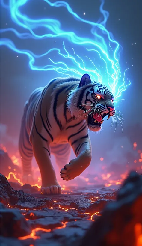 a tiger with striped fur expelling blue and red rays from its mouth. Blue and red rays intertwine in the air, illuminating your surroundings with vibrant and electrifying flashes, the scene is in hell with the ground cracked and charred, with lava flowing ...