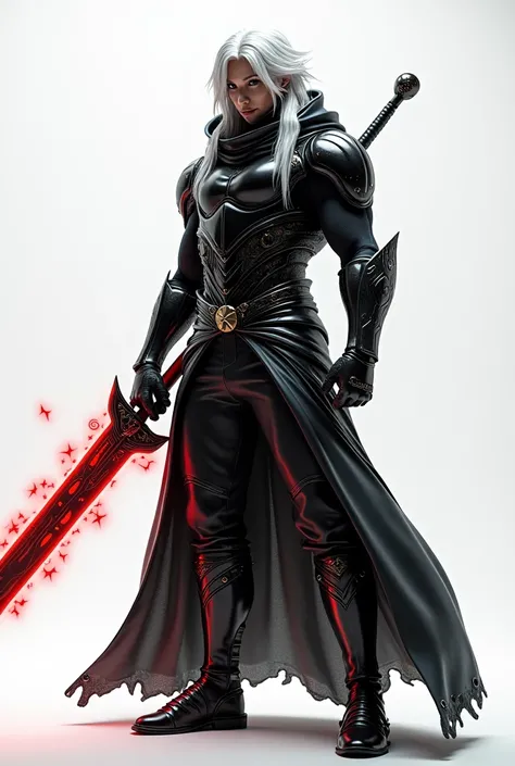 Kizi, shoulder-length hair, super saiyan, dragonball z, 80s style, アニメ, cybernetic armour, white background, work of art, glued clothes, color of clothes black, looking at the camera, Grinning,bionical suit for warlock with black hood and faceless. He is w...