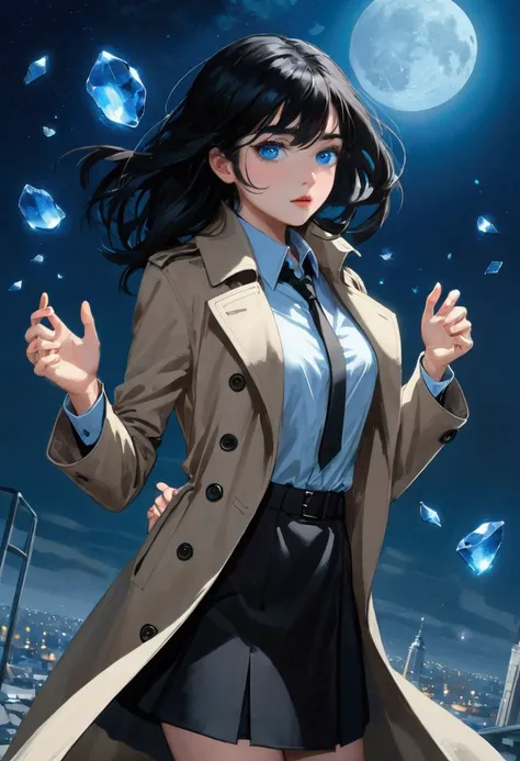 (best quality, masterpiece),(Backlight), (1 Girl, Trench coat,Expression face, blue eyes, Black Hair, Shut up, Dress Shirts, Black skirt, Reach out), moon,(Less blue light, There are a lot of blue glass fragments behind, Floating Objects, Night Sky)