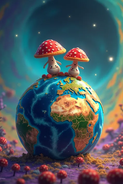 psychedelic planet earth print with two very small mushrooms with little legs and arms walking on top of the planet seen from afar, centralized