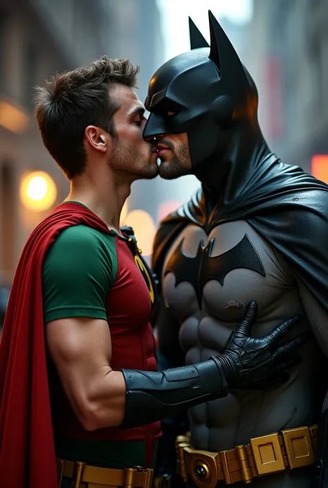 Rule 34 of Robin and Batman gay kissing With tongue with passion penis grabs 