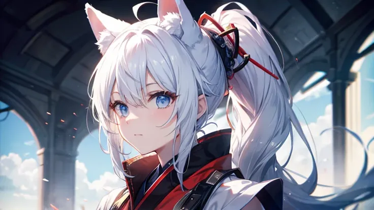 Female Samurai,Hair in a light blue ponytail,Beauty,Wearing a fox mask,