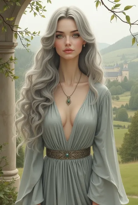 a medieval woman, white, greeneyes, hair grey, long  hair, gentle look, mature woman, chic, gray clothes, gown, drawing style
