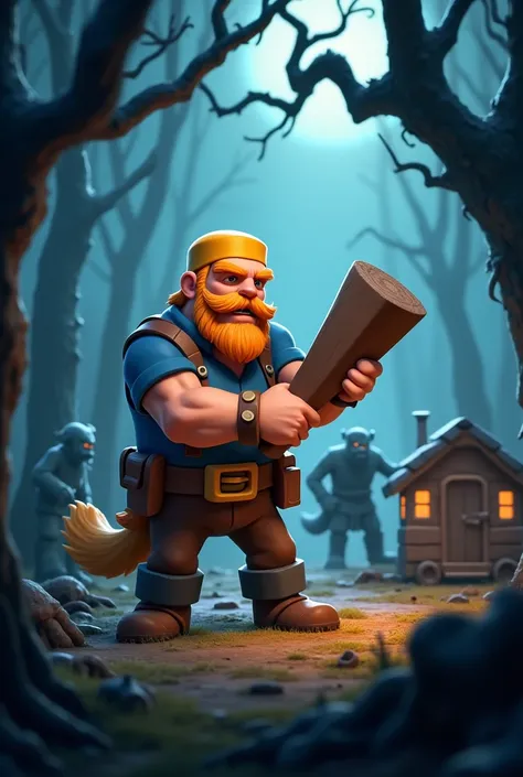 A highly detailed scene featuring the Lumberjack character from Clash of Clans, accurately depicted with his orange hair, mustache, and beard, wearing his signature blue outfit. The Lumberjack is seen chopping down a tree in a dark, eerie forest, accompani...